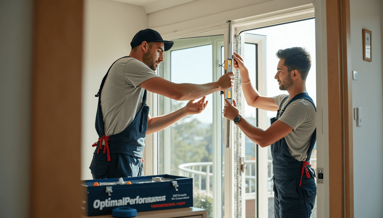 Installer fitting aluminium window frame using a spirit level