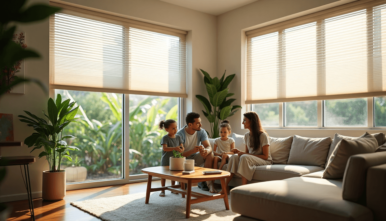 Family relaxing in sunlit Durban home with cellular blinds drawn