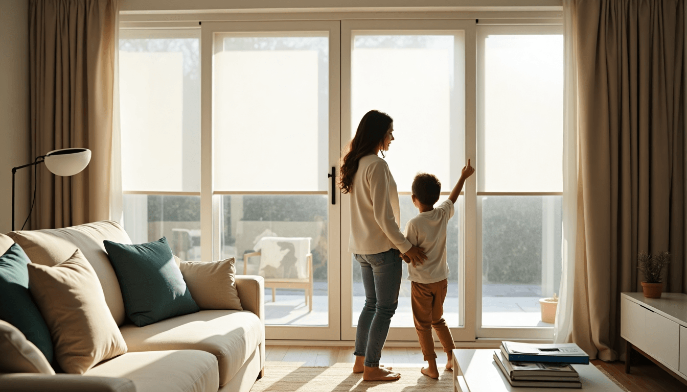 Light-filled Durban living room with people adjusting white blinds