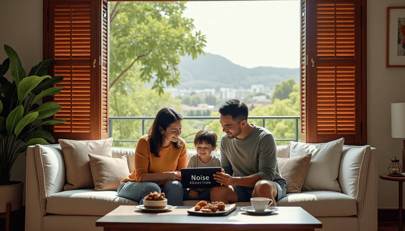 Family in Durban living room with wooden shutters and noise reduction tablet