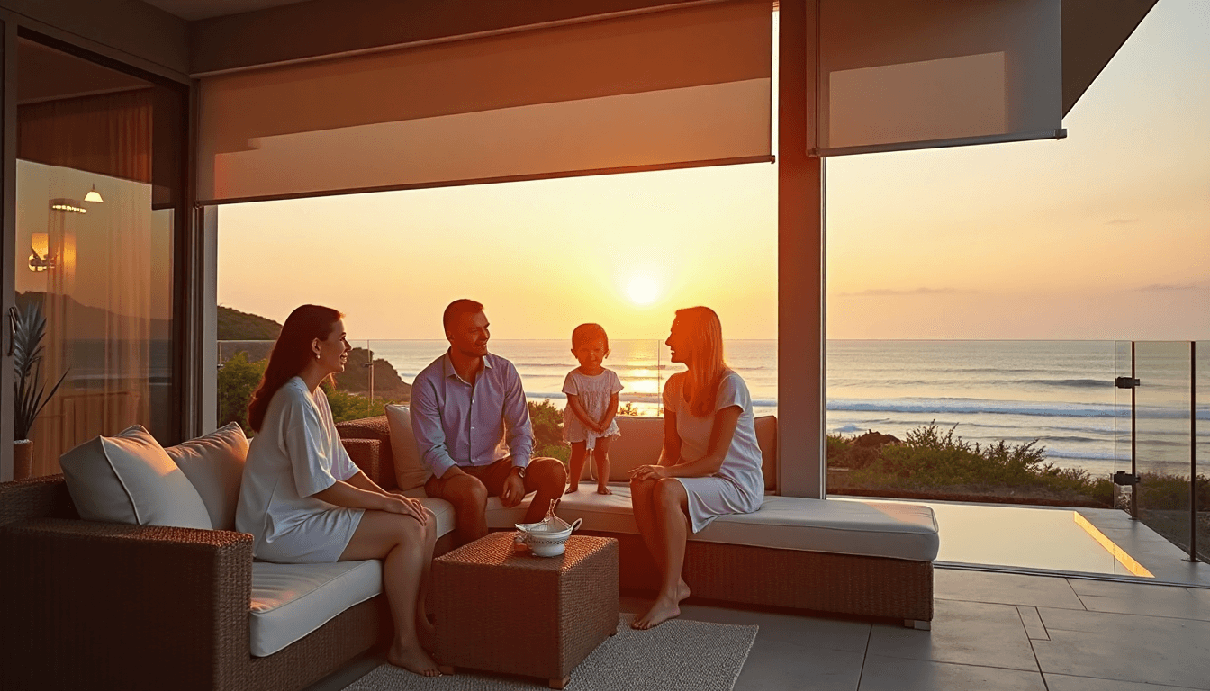 Family gathering under luxurious outdoor patio blinds at sunset