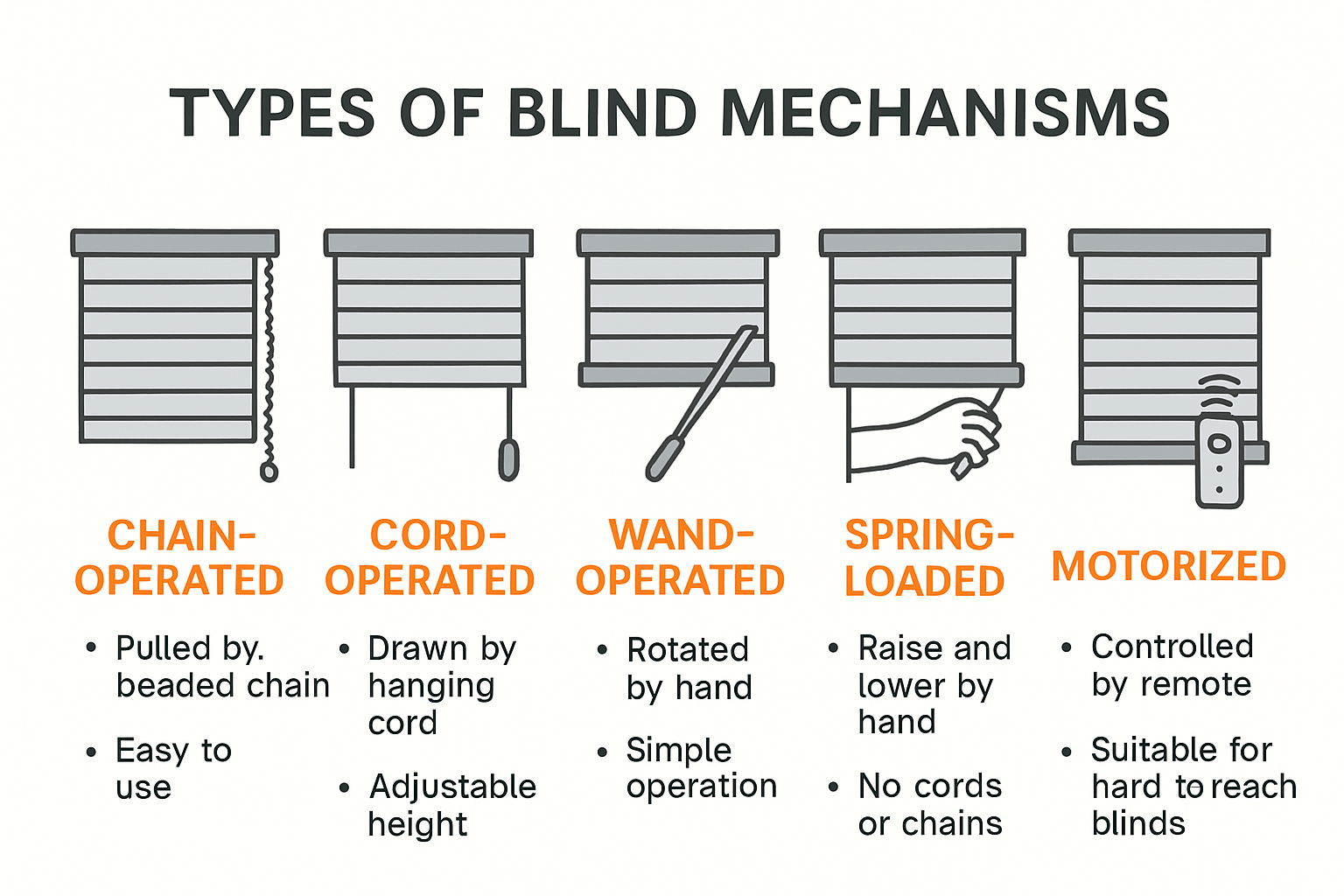 Infographic showing main types of blinds mechanisms