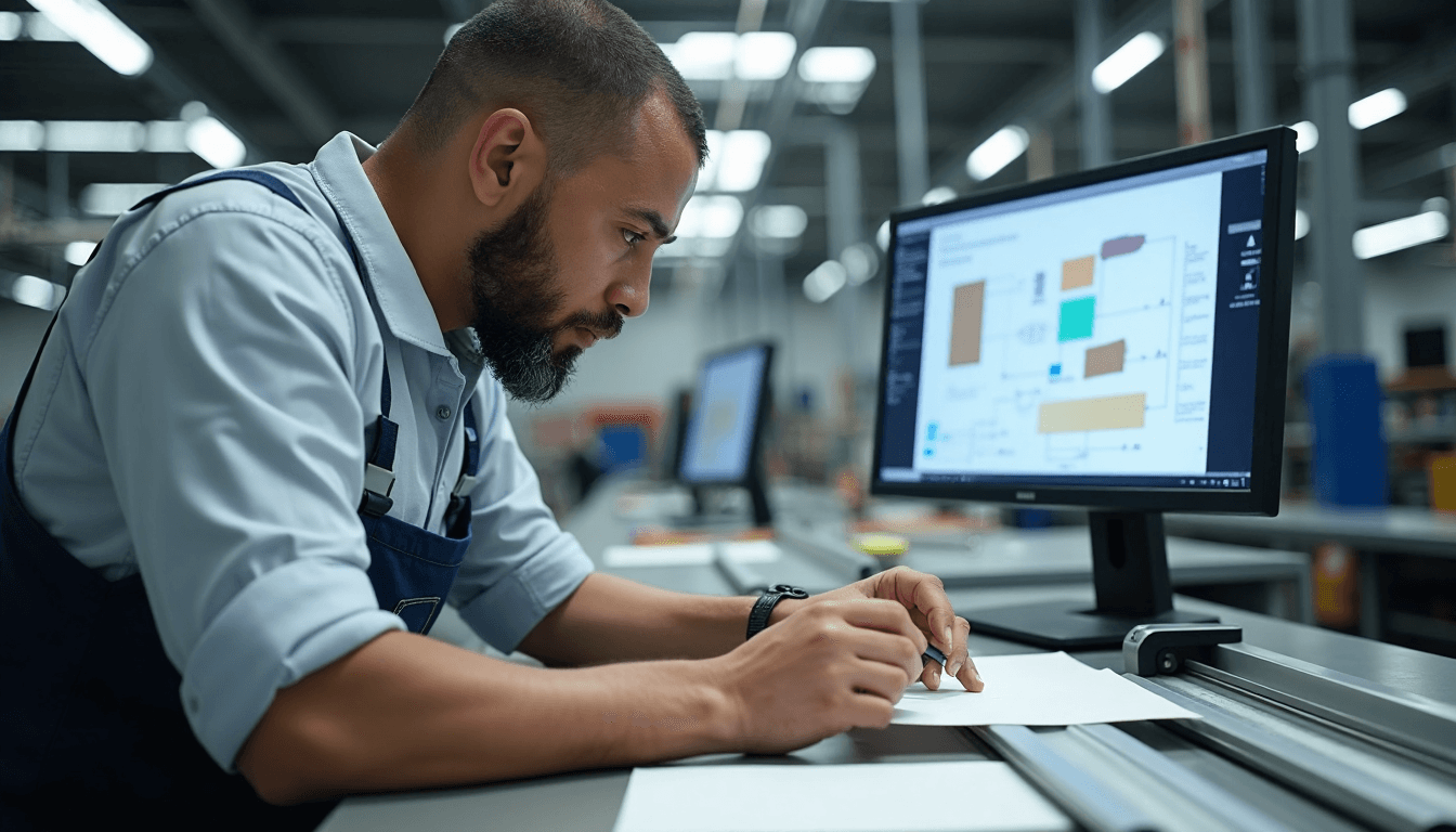Technician checks blind rail durability with 'Material Durability' label on screen