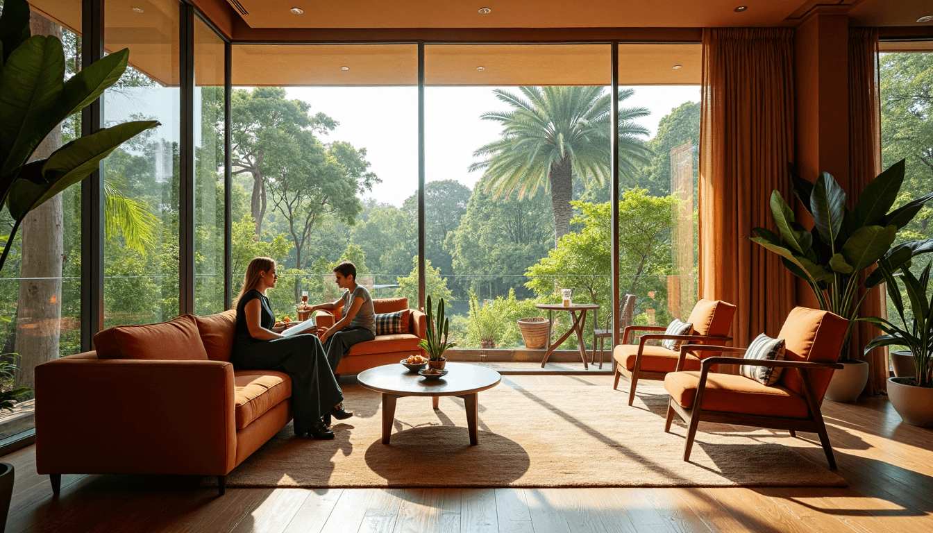 Upscale Durban hotel lounge with trendy window coverings and garden view