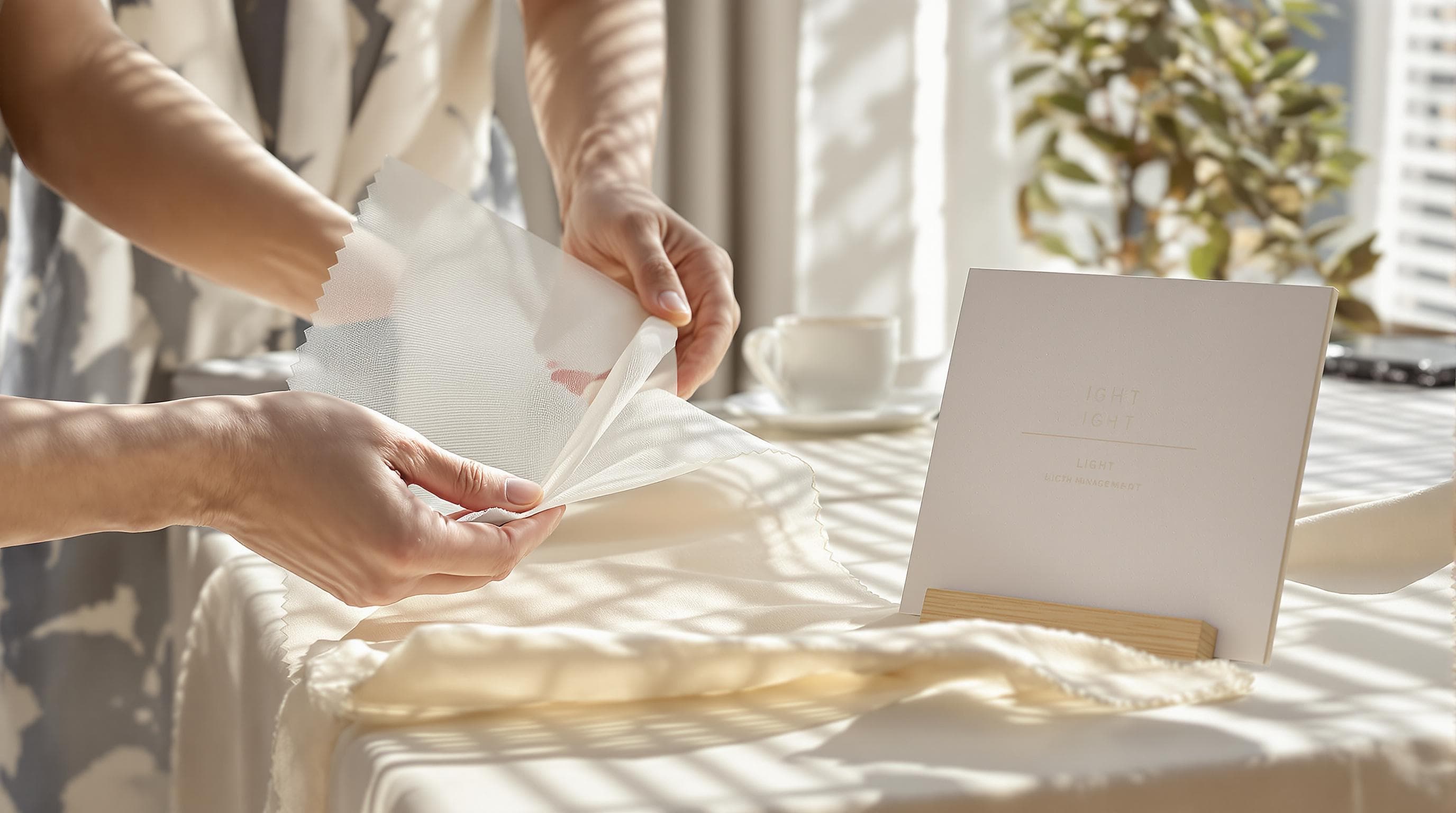 Hands comparing sheer and blockout fabric samples near 'Light Management' sign