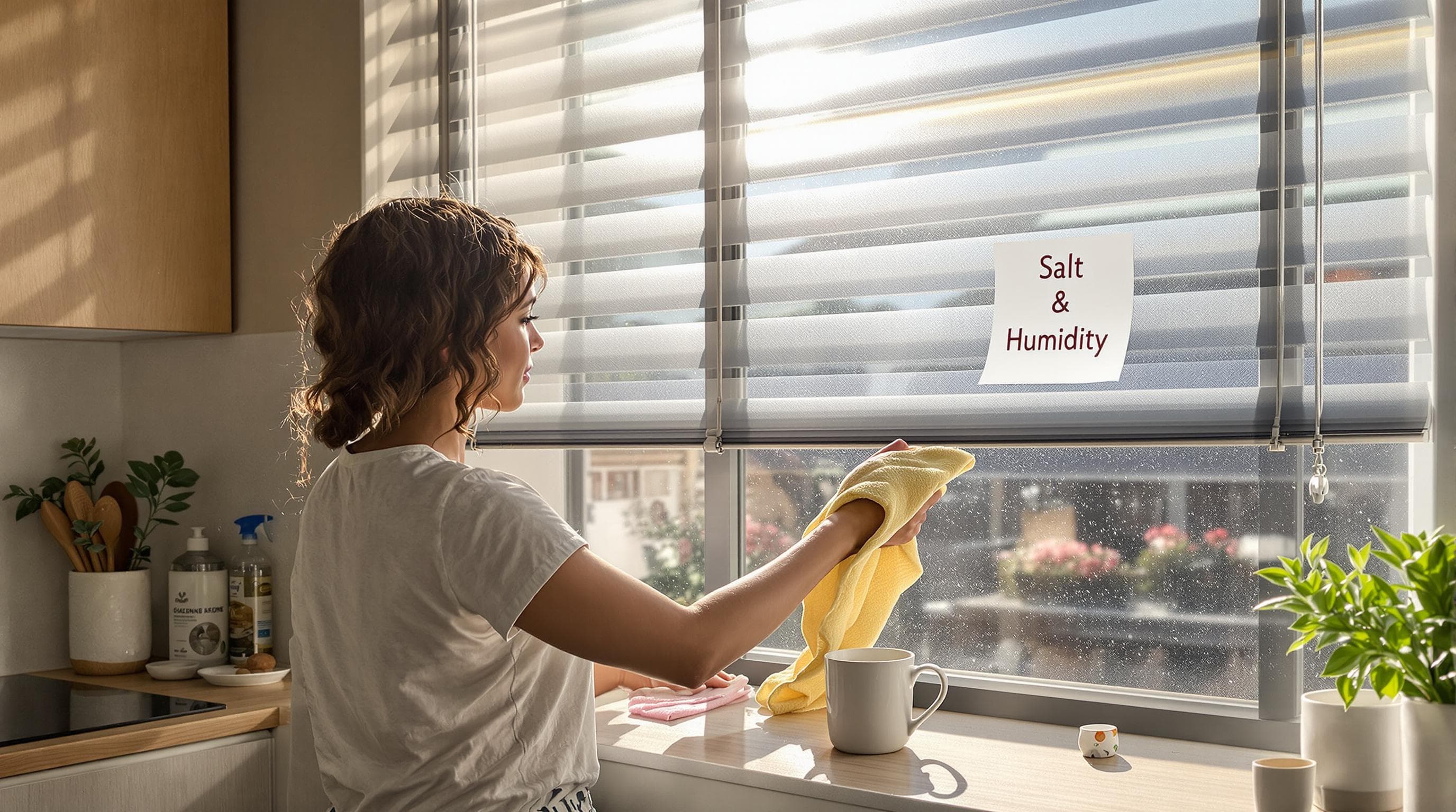 Woman cleaning aluminium blinds in Durban kitchen, note referencing salt and humidity.