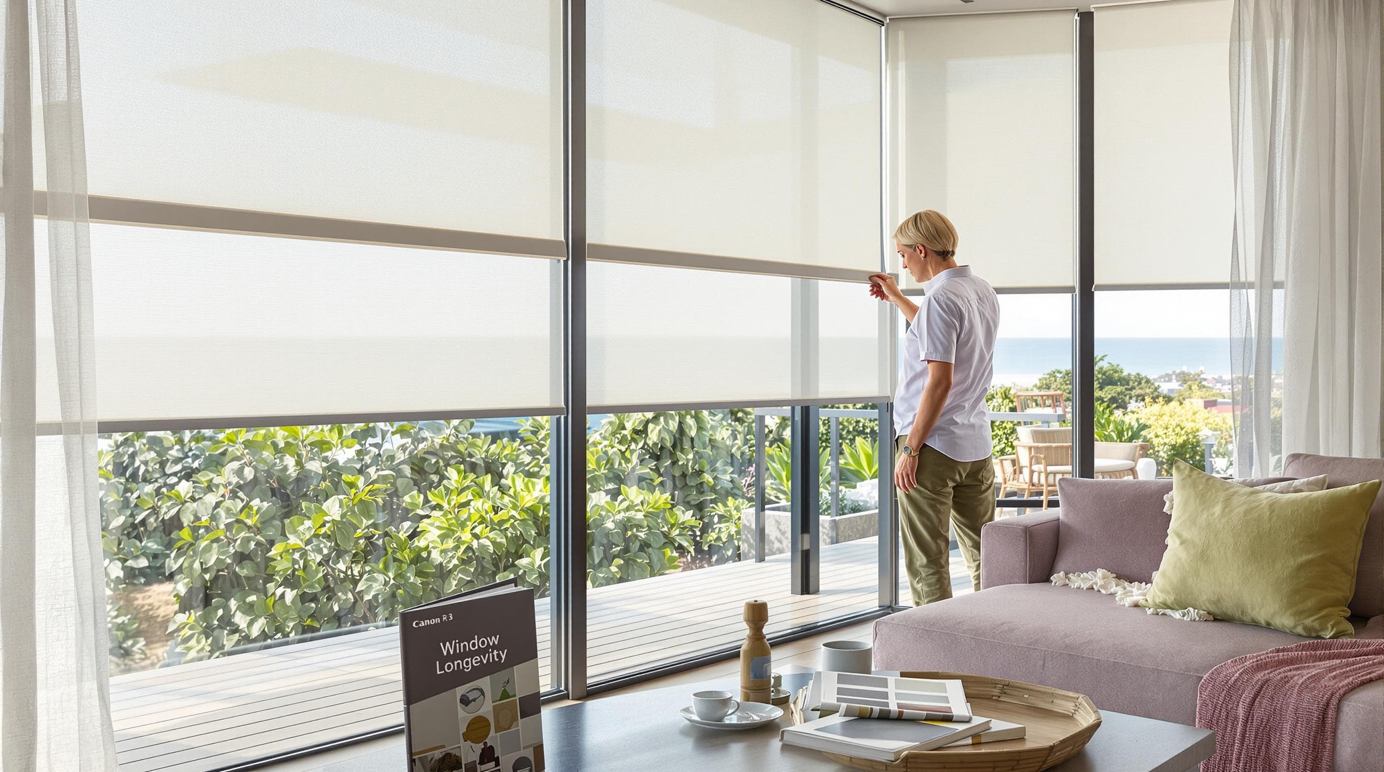 Modern Durban living room with clean blinds and curtains, coastal background, and fabric sample booklet text.