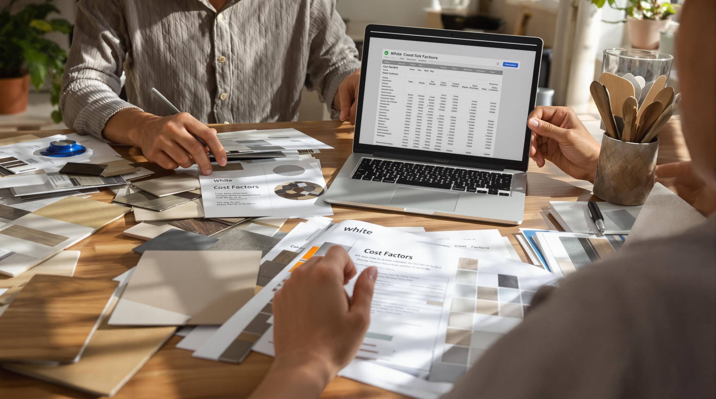Homeowner reviews blinds samples and costs at the table