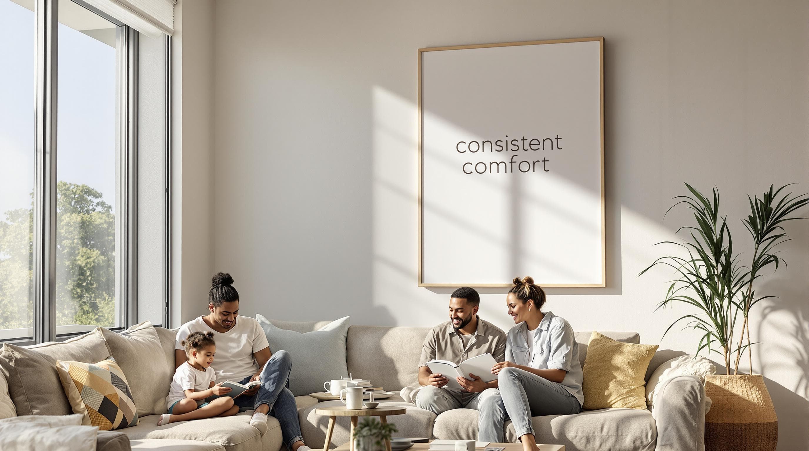 Durban family enjoys comfortable living room with shaded windows and filtered sunlight