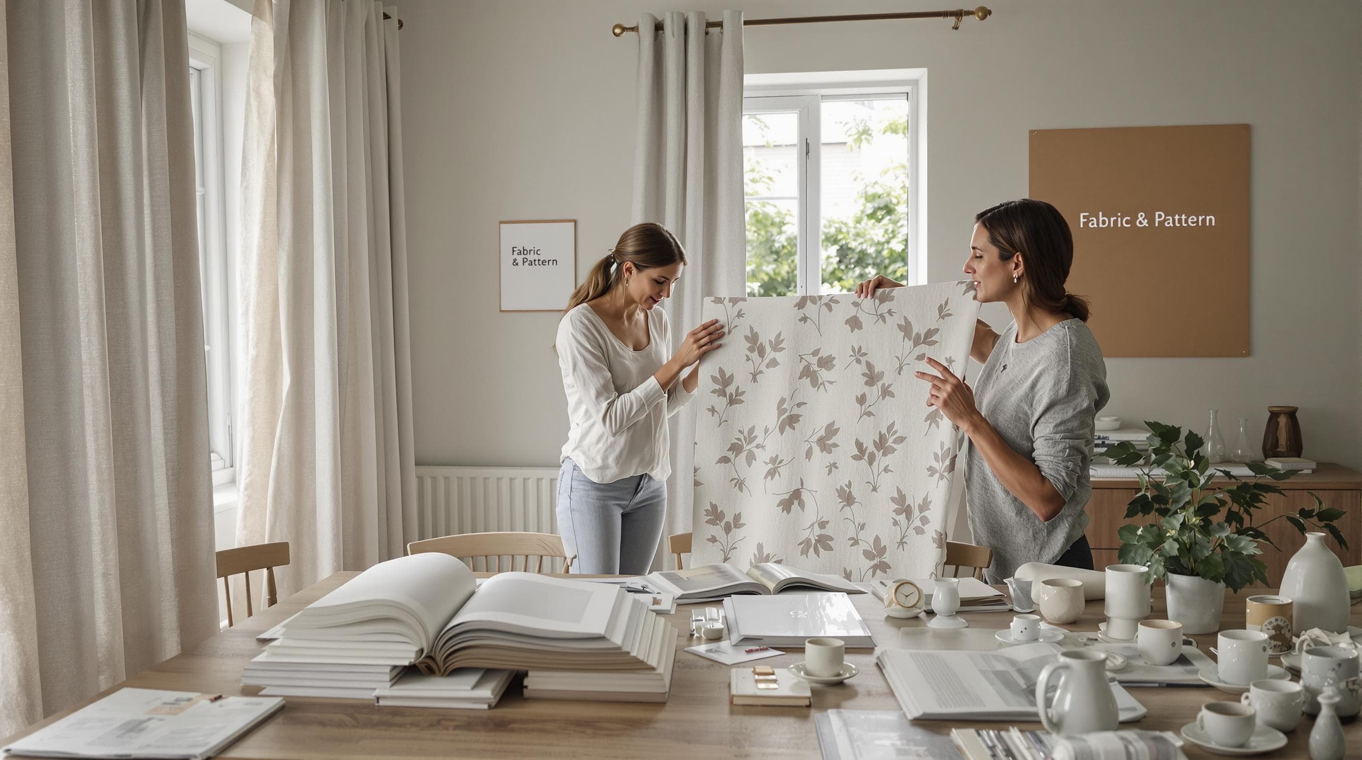 Interior designer and homeowner selecting sustainable curtain fabrics and patterns