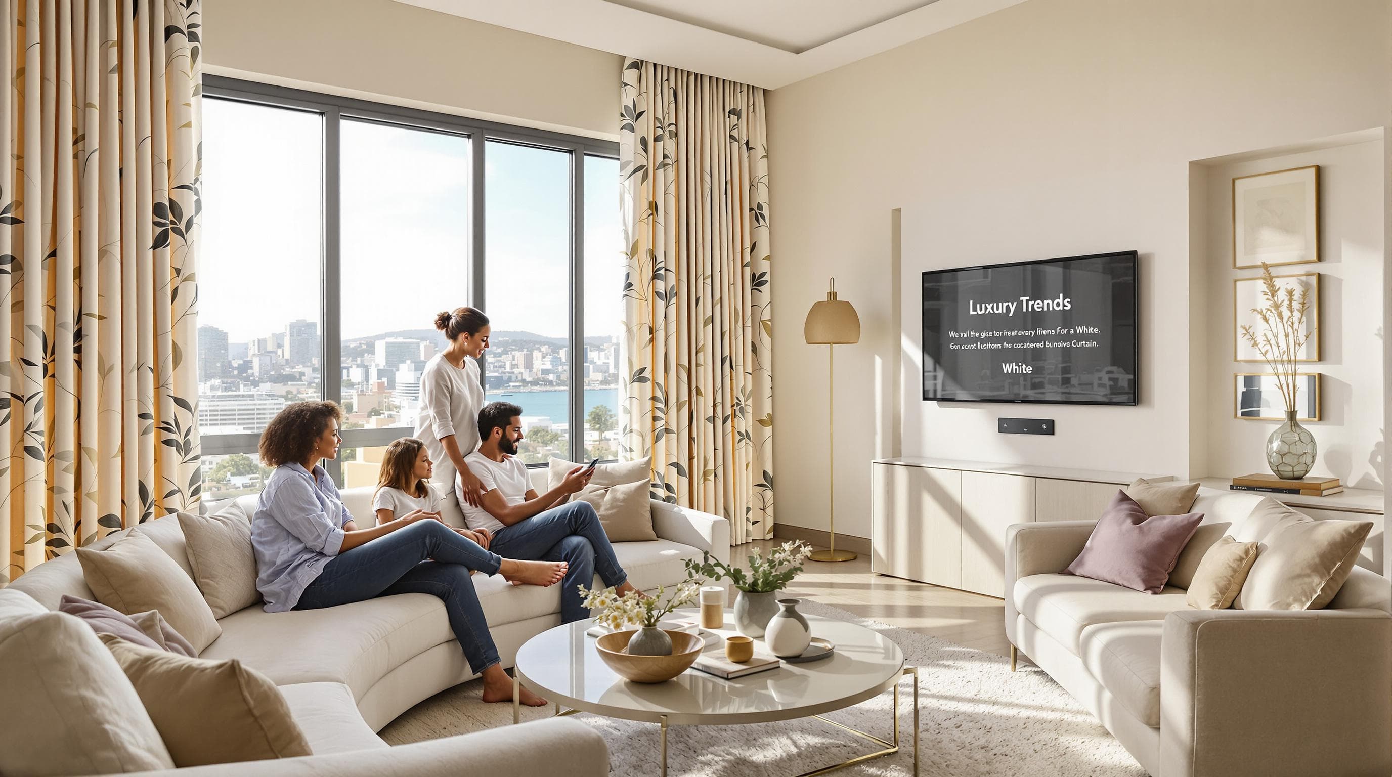 Modern Durban living room with high-end botanical curtains and family using smart features
