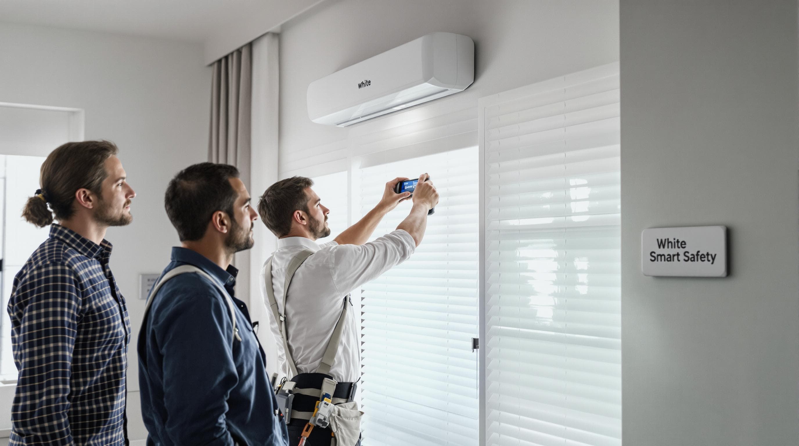 Professional motorized window blind installation with 'Smart Safety' on control panel.