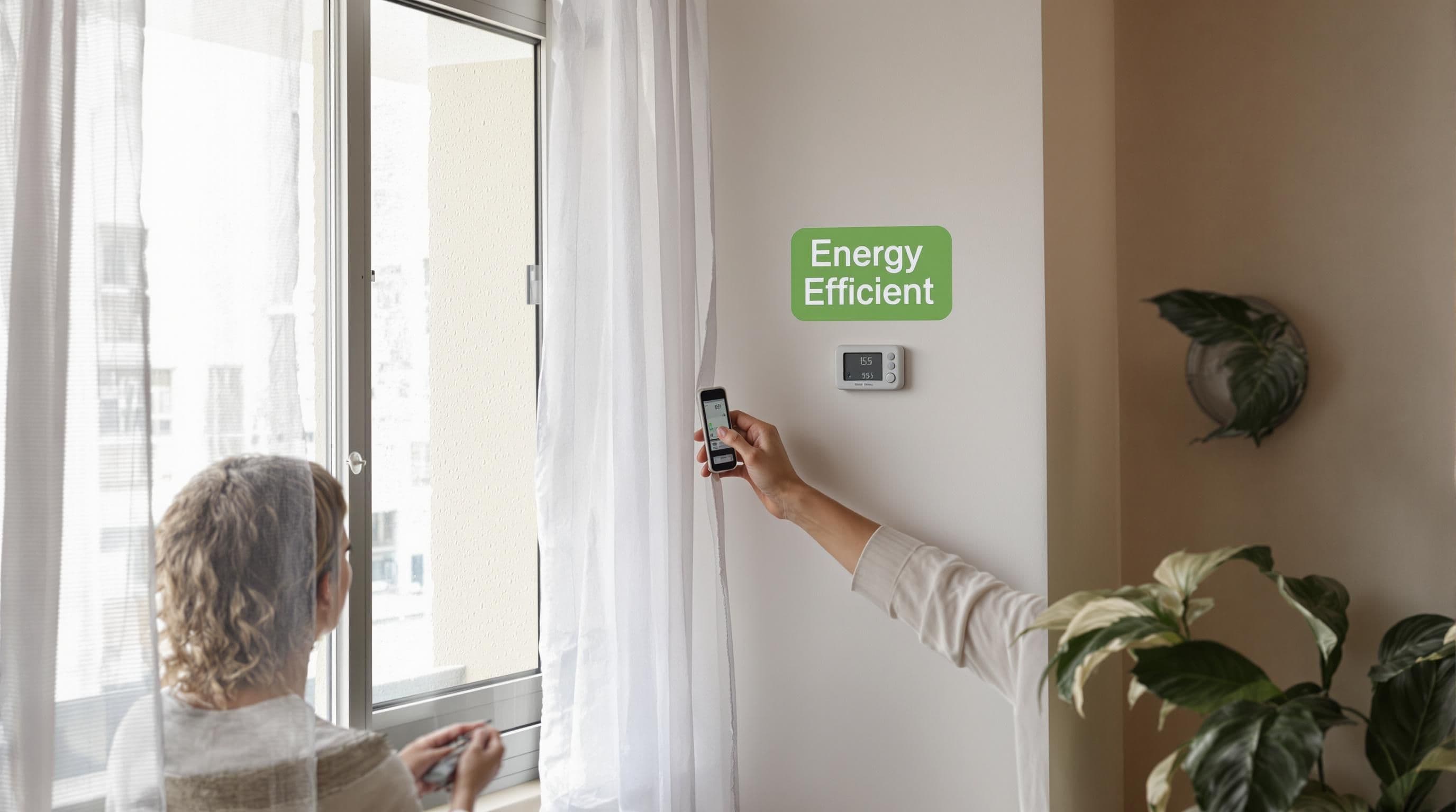 Resident checks energy meter near layered curtains for insulation