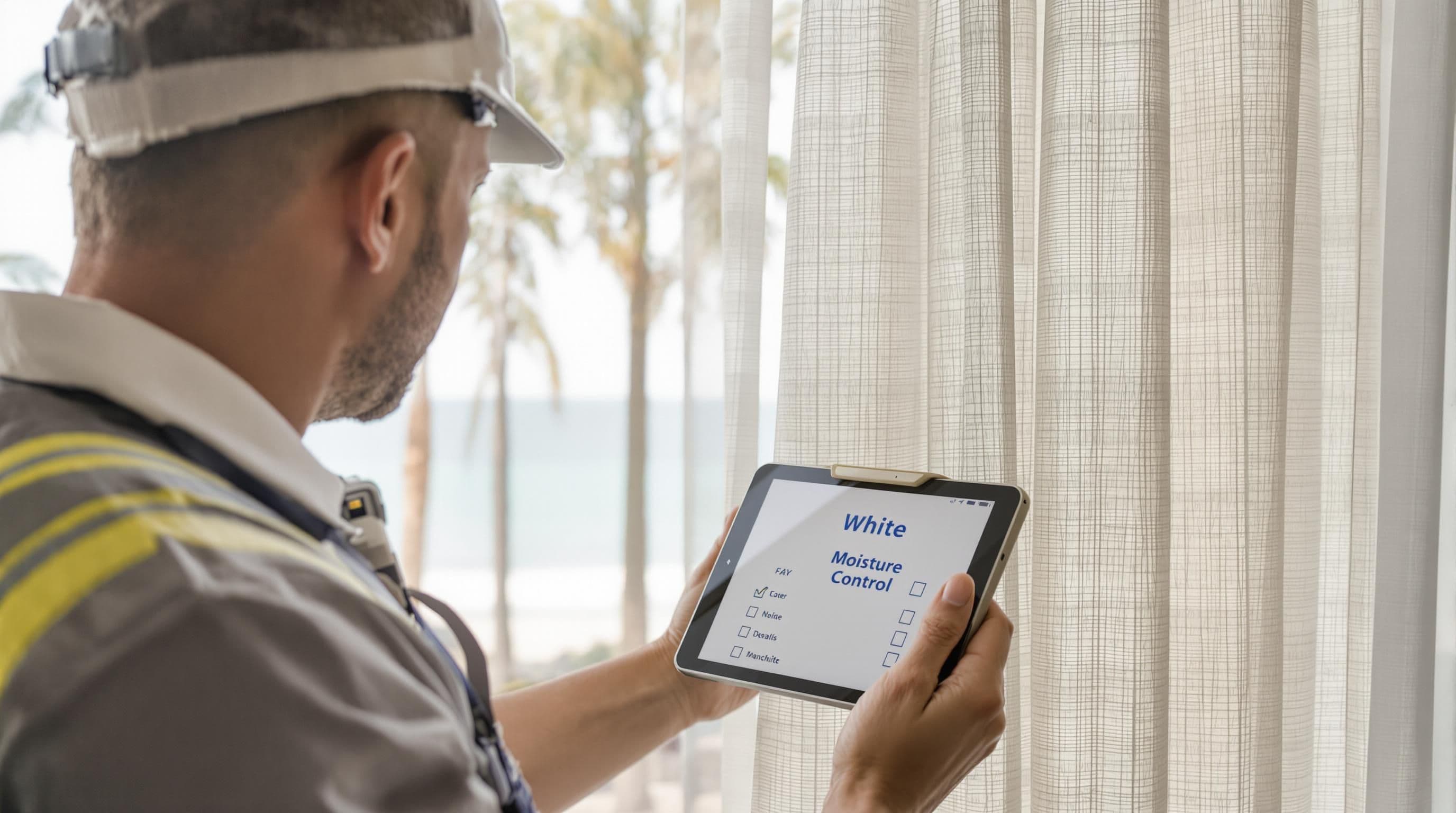 Specialist checks curtains for humidity in coastal Durban home