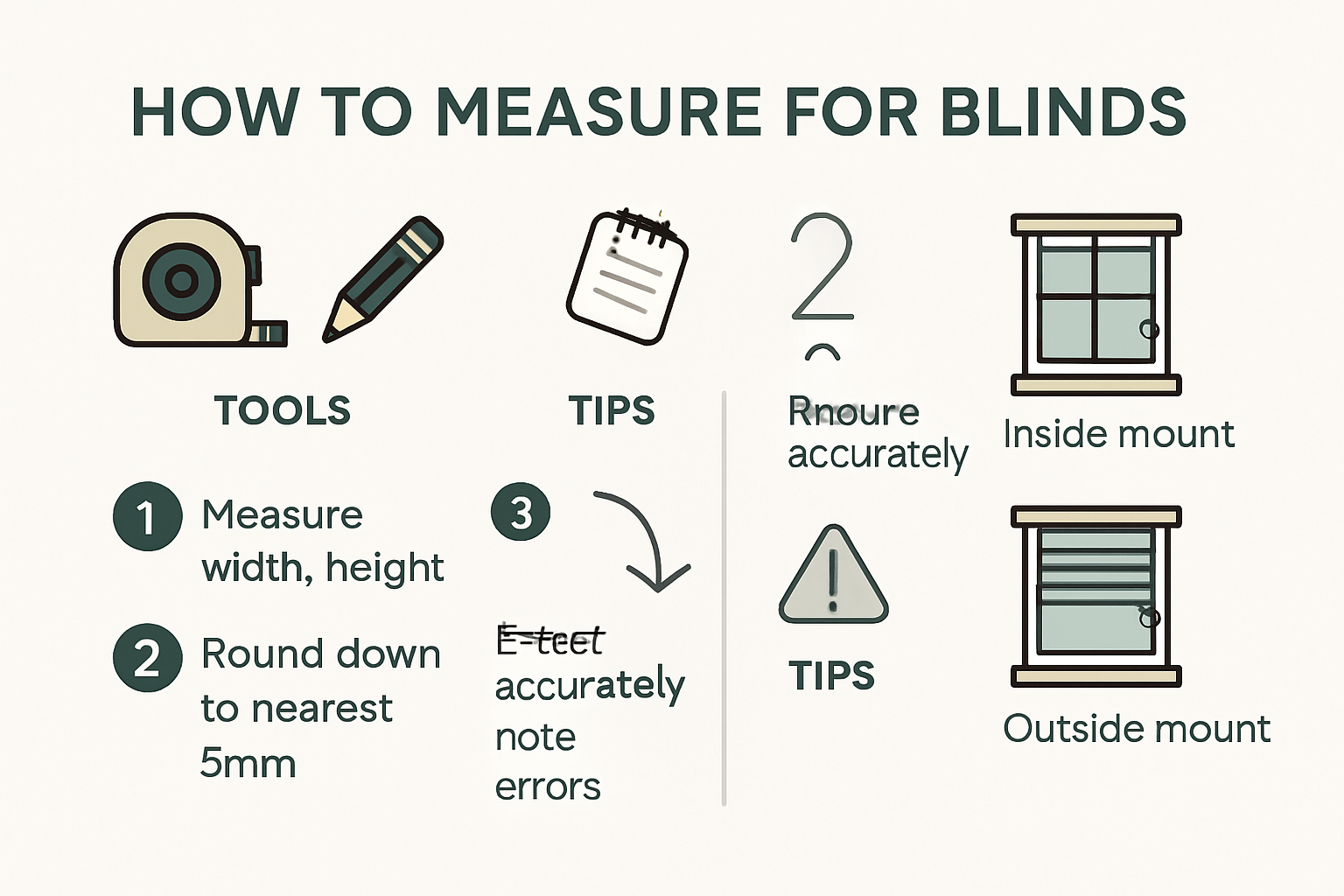 Step-by-step infographic showing tools and steps to measure blinds