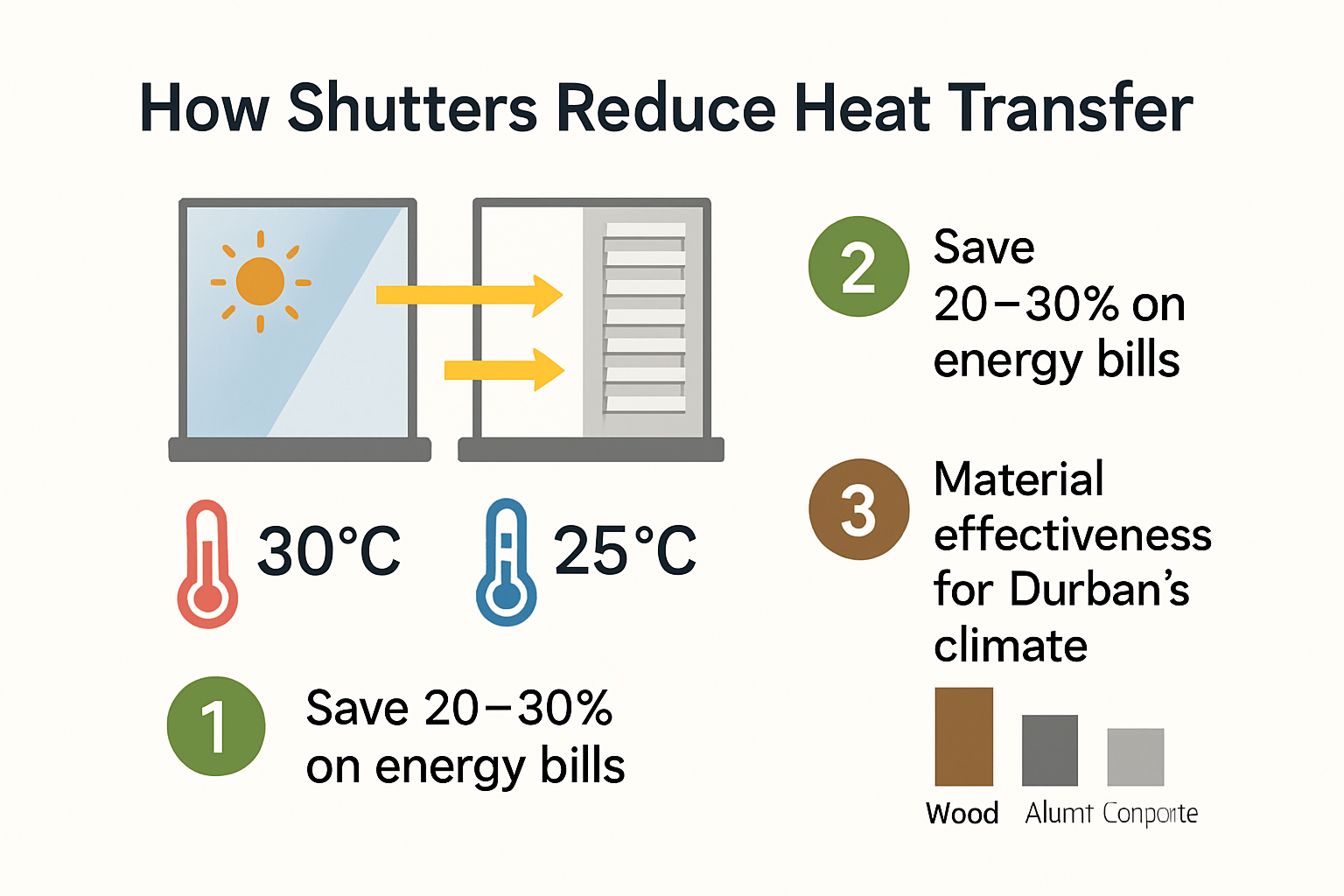 Infographic visualizing thermal energy savings with shutters in Durban climate