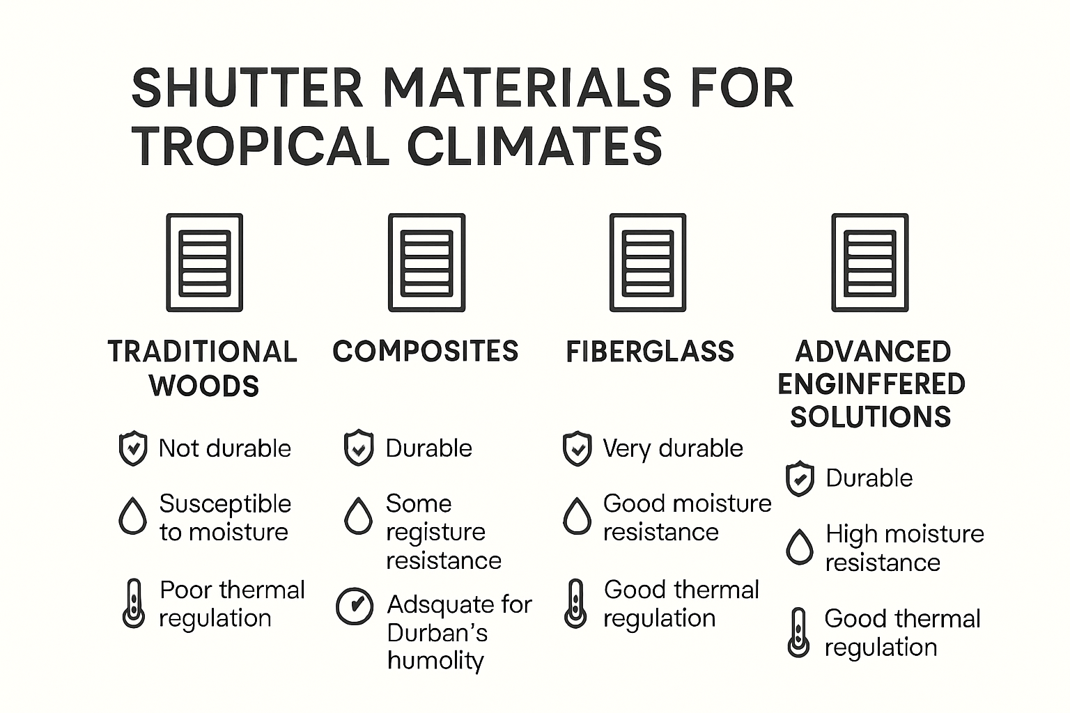 Infographic comparing materials for tropical climate shutters