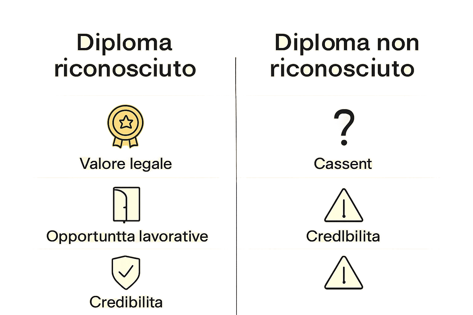 Tabella visiva con icone che confrontano diploma riconosciuto e non riconosciuto.