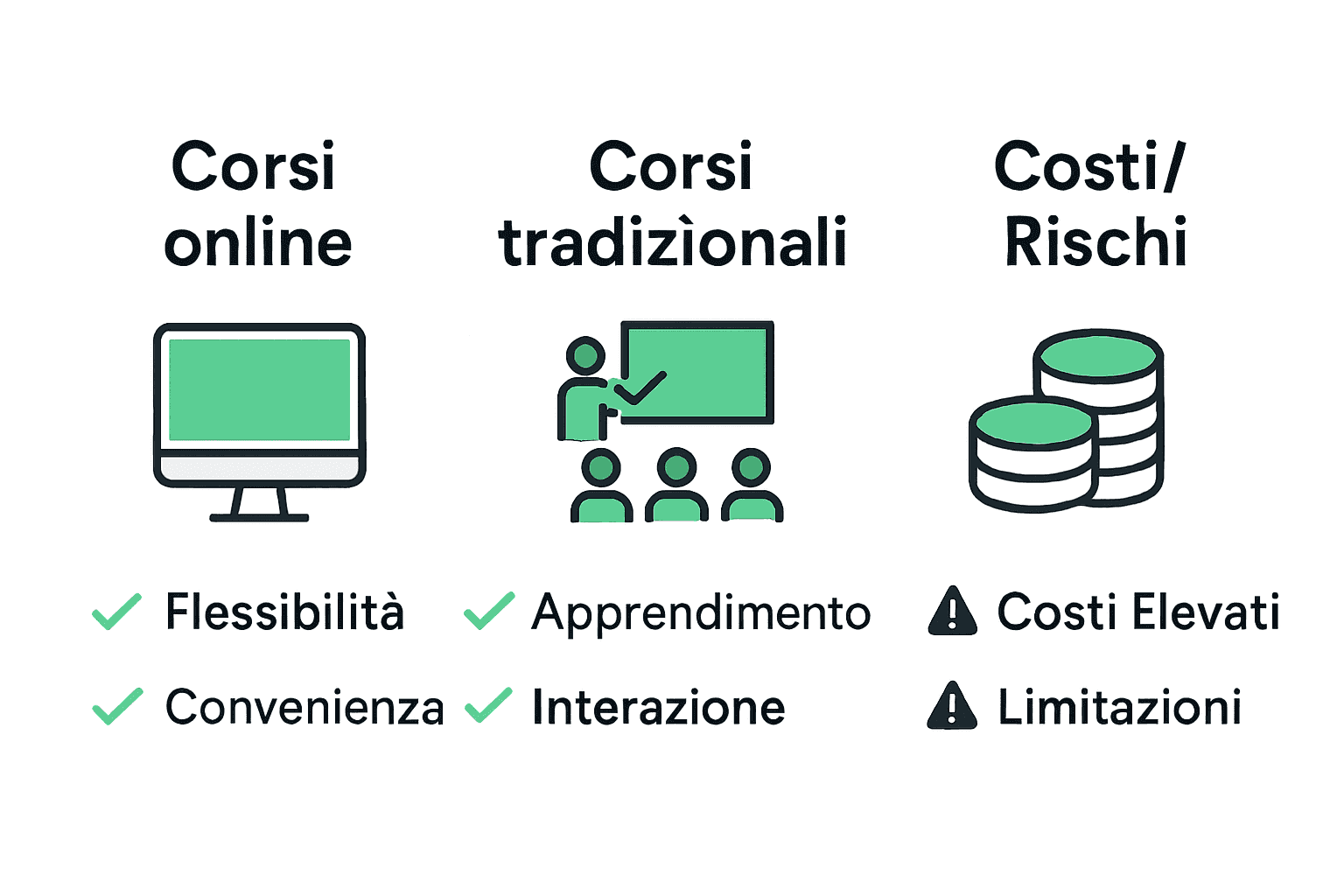 Infografica confronto corsi online e tradizionali: vantaggi, costi, rischi