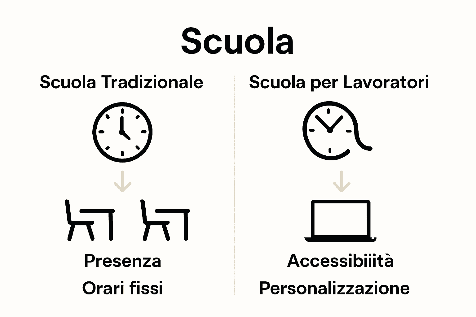 Confronto fra scuola tradizionale e scuola lavoratori online con icone e frecce