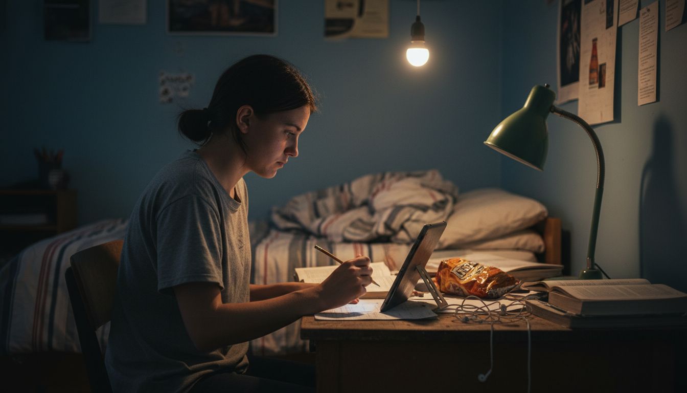 Student simulating exam in cluttered bedroom