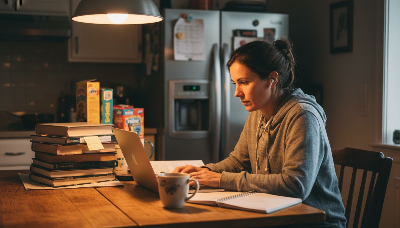 Woman studying online at home kitchen table