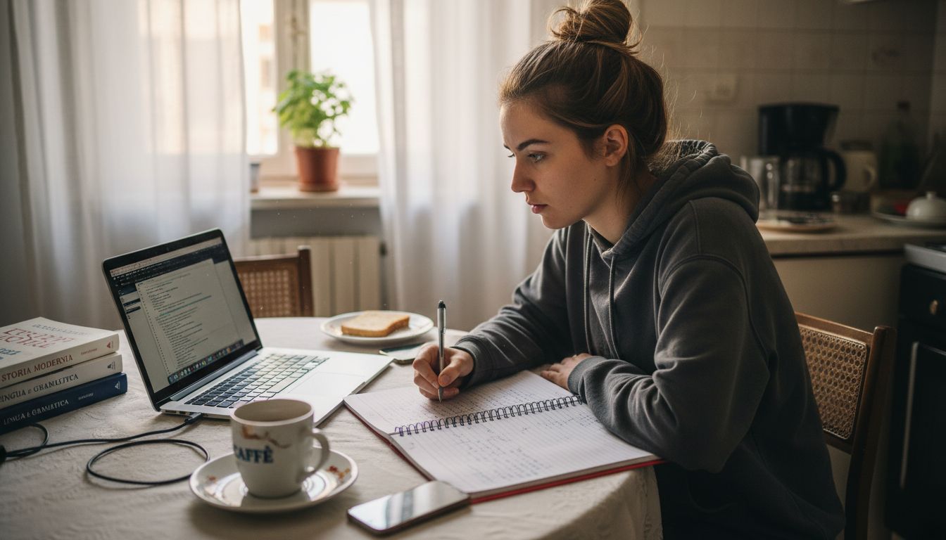 Una giovane donna segue le lezioni online seduta al tavolo della cucina.