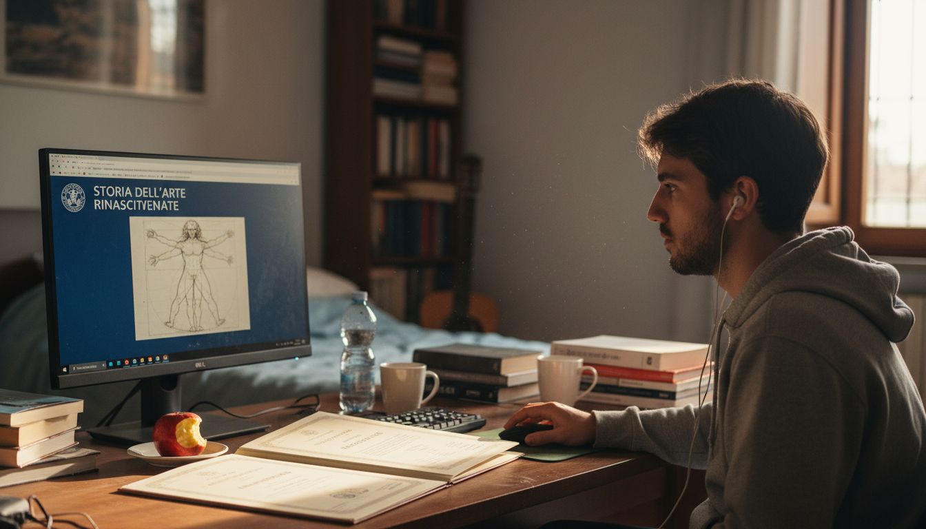 Uomo seduto alla scrivania mentre segue un corso online