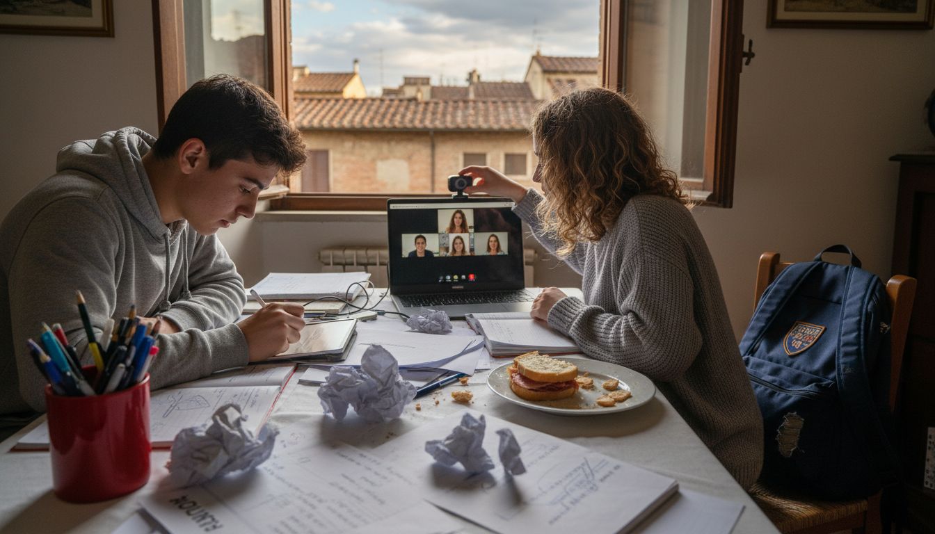 Gli studenti lavorano insieme online utilizzando dispositivi digitali.