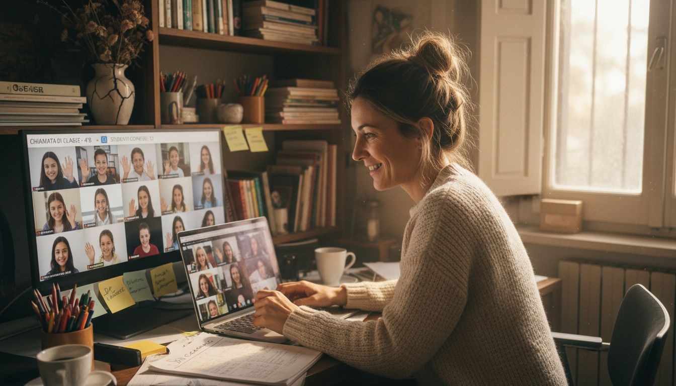 Insegnante che organizza una lezione online con la propria classe