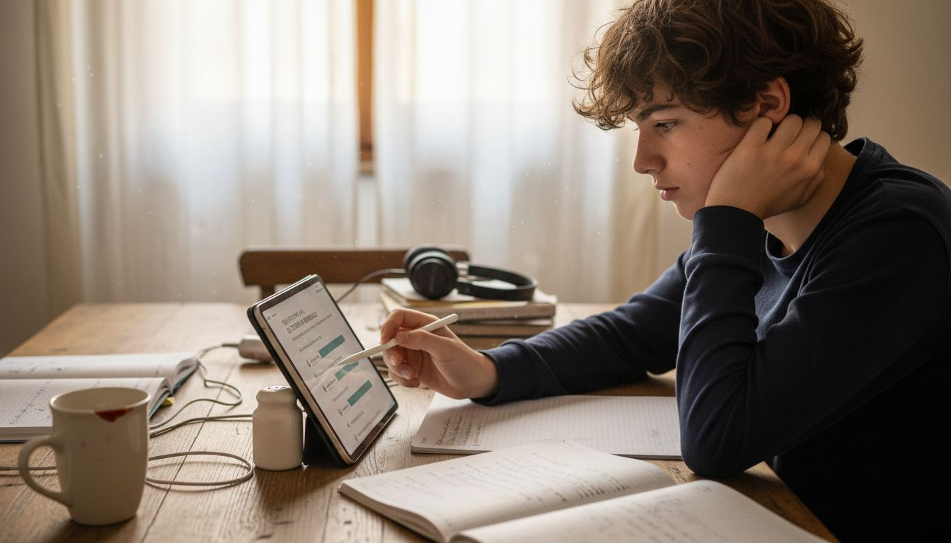 Uno studente svolge un quiz online da casa utilizzando il tablet.
