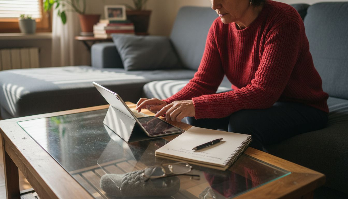Donna che studia comodamente a casa con il tablet