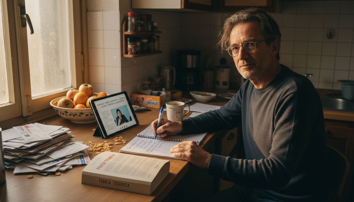 Un uomo segue una lezione online comodamente seduto in cucina.