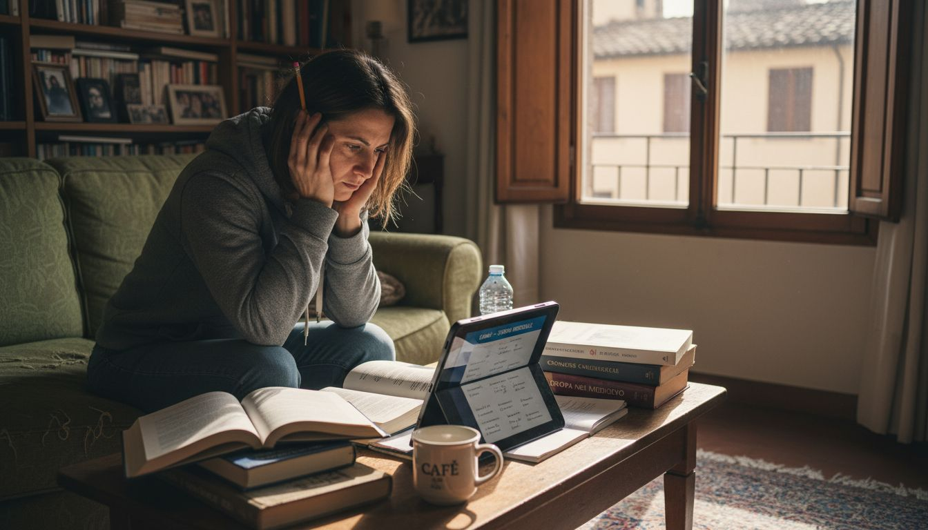 Una donna si prepara per il diploma comodamente seduta sul divano.