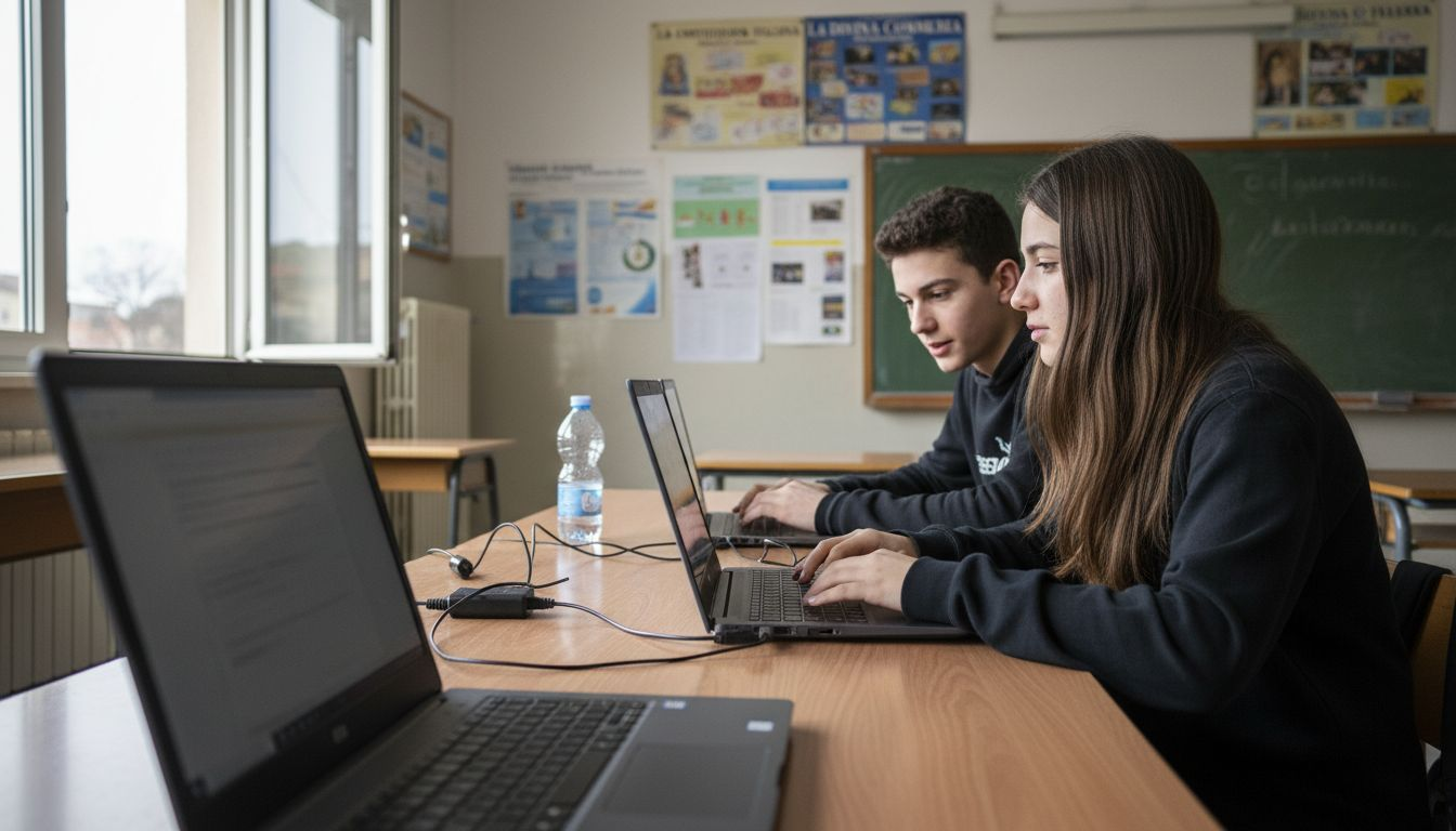 In aula, gli studenti utilizzano il computer portatile per seguire le lezioni e svolgere le attività.