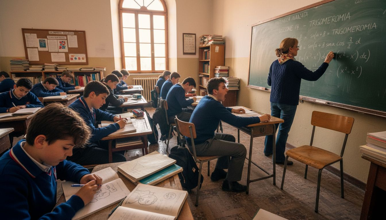 Classe italiana durante una lezione, con l’insegnante che spiega agli studenti.