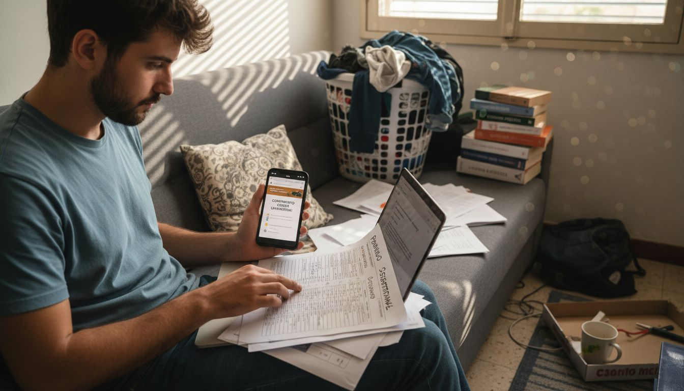 Ragazzo che, seduto in salotto, confronta diversi piani di studio per scegliere quello più adatto a lui.