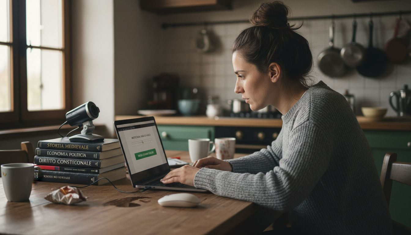 Una donna verifica le impostazioni del suo portatile prima di sostenere un esame online.
