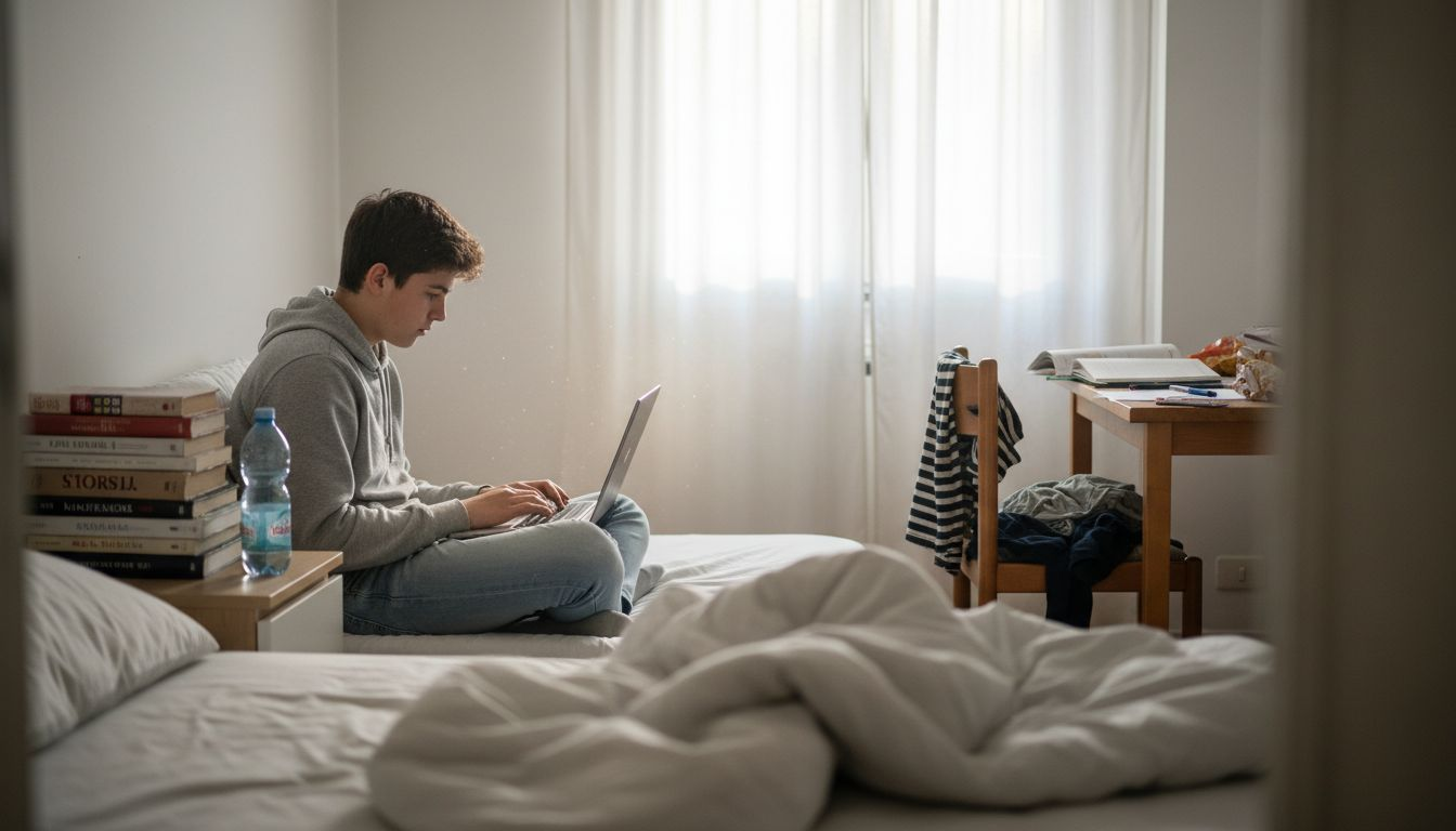Ragazza adolescente che studia a casa con il computer portatile
