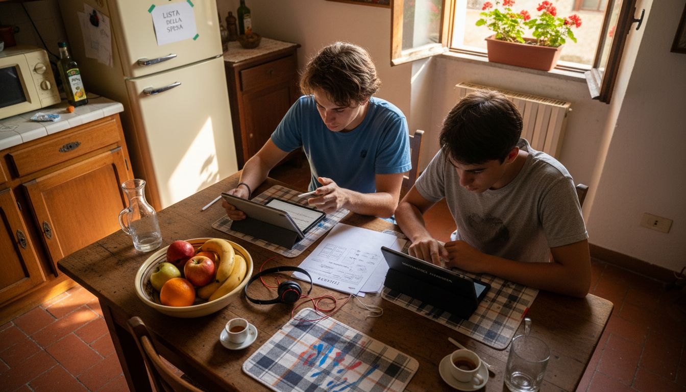 Ragazzi che studiano con il computer o il tablet seduti al tavolo della cucina