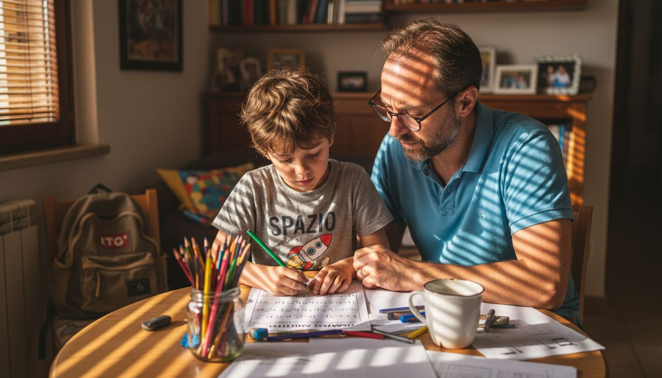 Un genitore che aiuta il proprio figlio a fare i compiti nel salotto di casa.