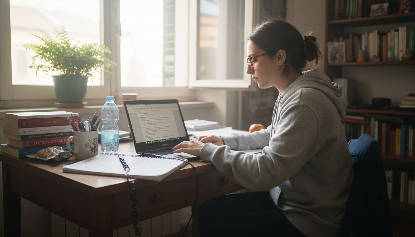 Studente che consegue il diploma online alla propria scrivania, circondato dalle sue cose di tutti i giorni.