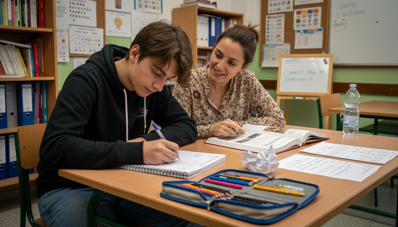 Un tutor che supporta uno studente durante una lezione in aula.