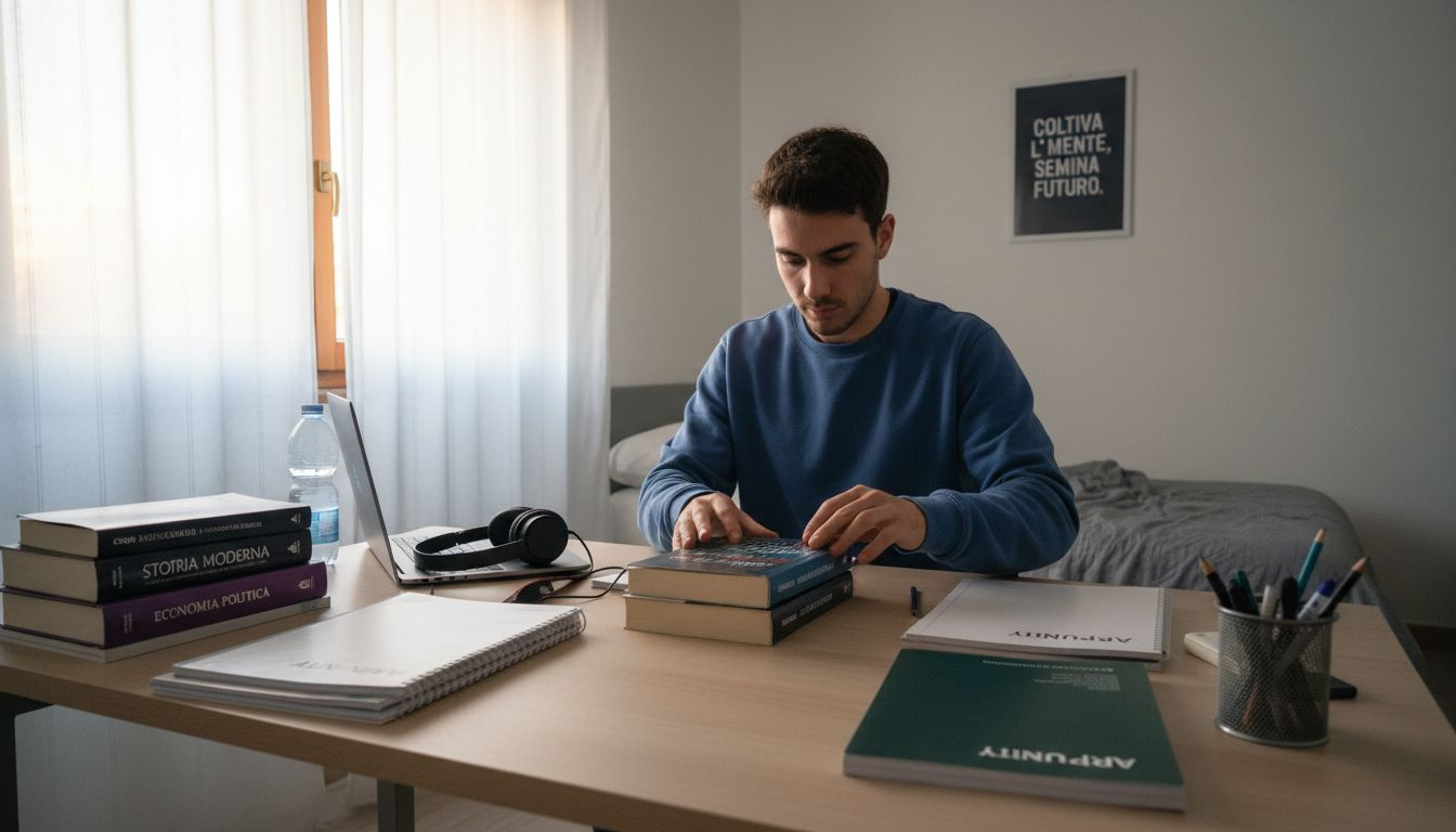 Uno studente sistema la propria scrivania per creare un ambiente ideale dove potersi concentrare e studiare al meglio.