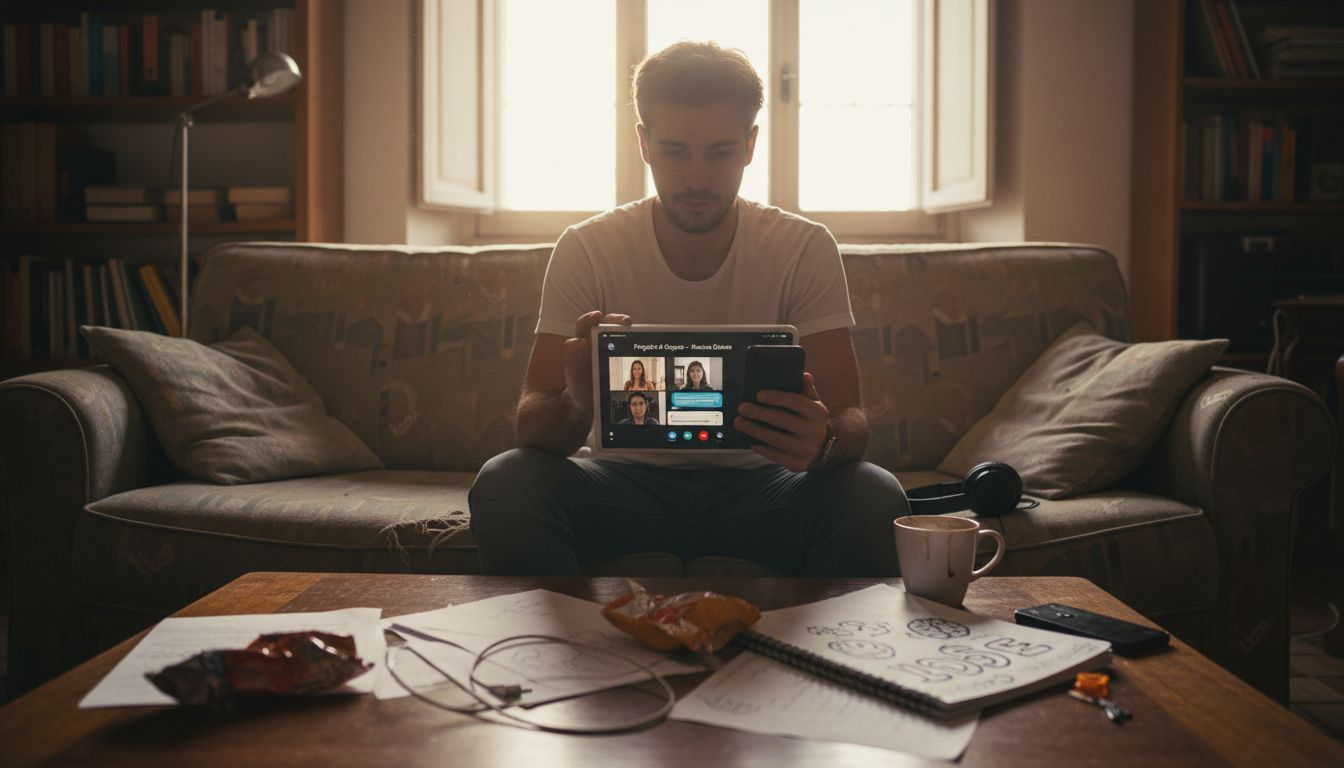 Ragazzo alle prese con un progetto di gruppo online, intento a destreggiarsi tra più attività contemporaneamente.