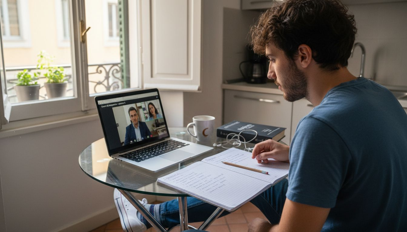 Ragazzo italiano che segue una lezione online seduto al tavolo della cucina.