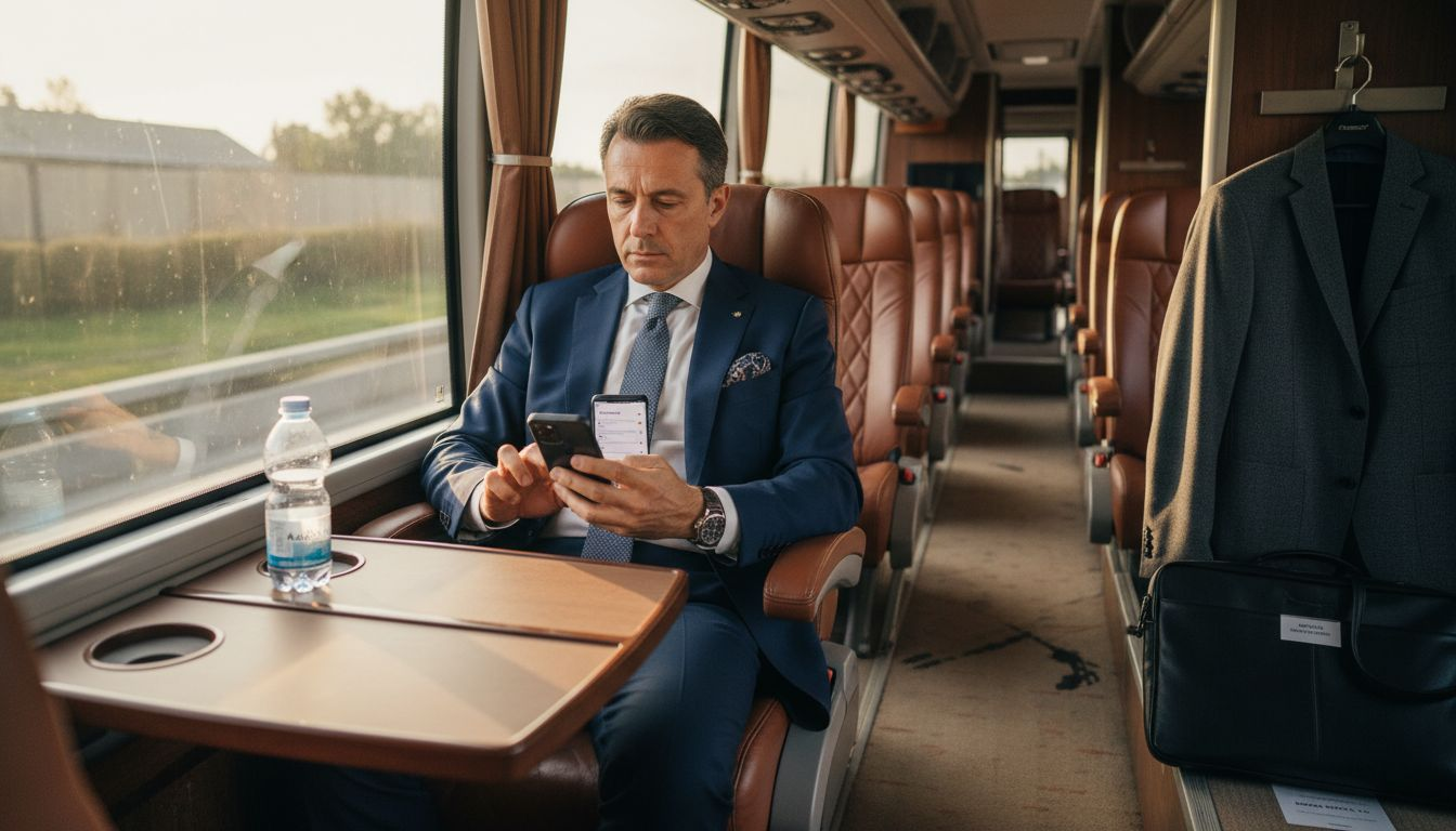 Interni di un pullman VIP allestito per un evento esclusivo, con la presenza di un professionista.