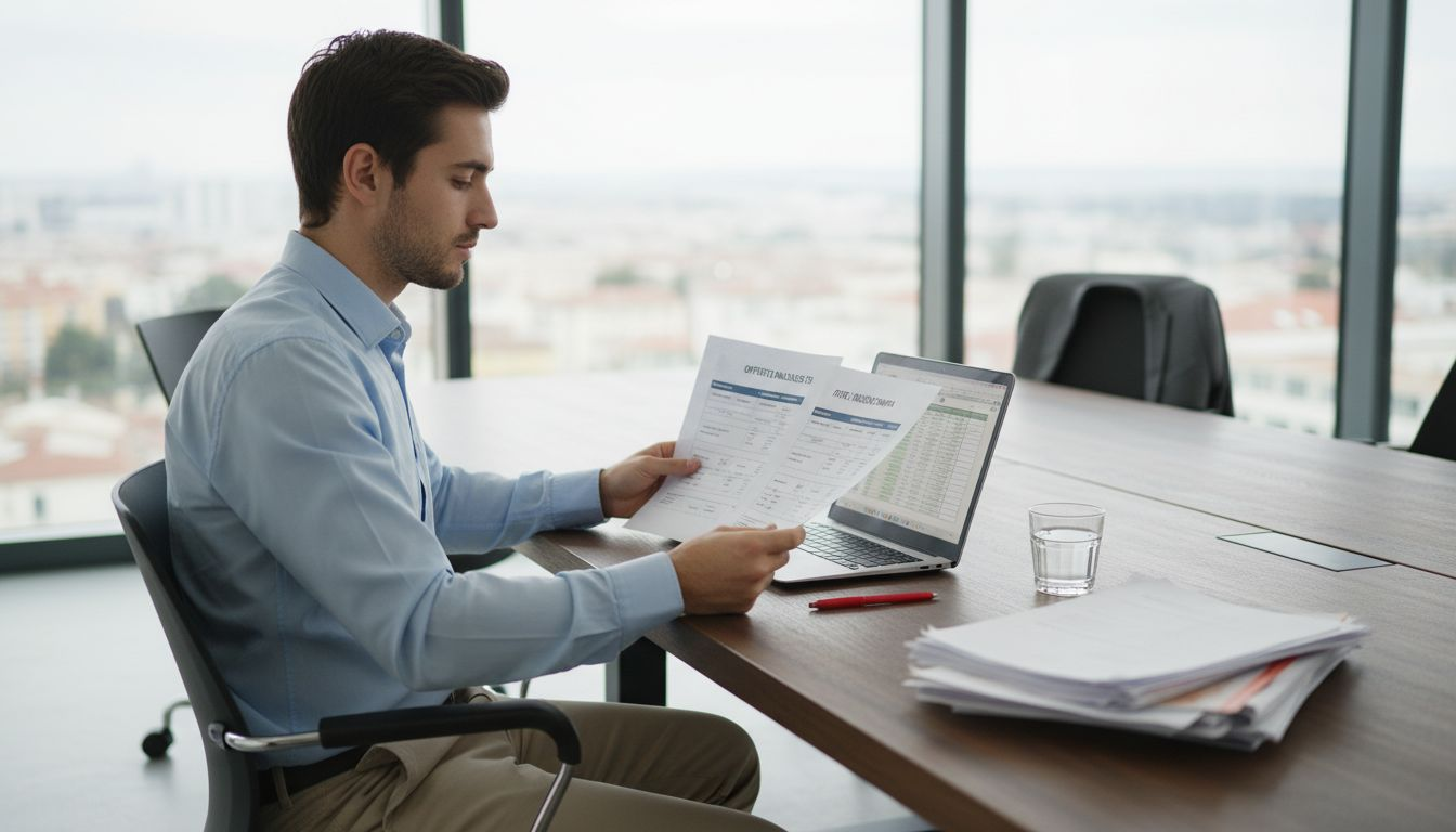 Un responsabile valuta diverse proposte di noleggio seduto al tavolo.