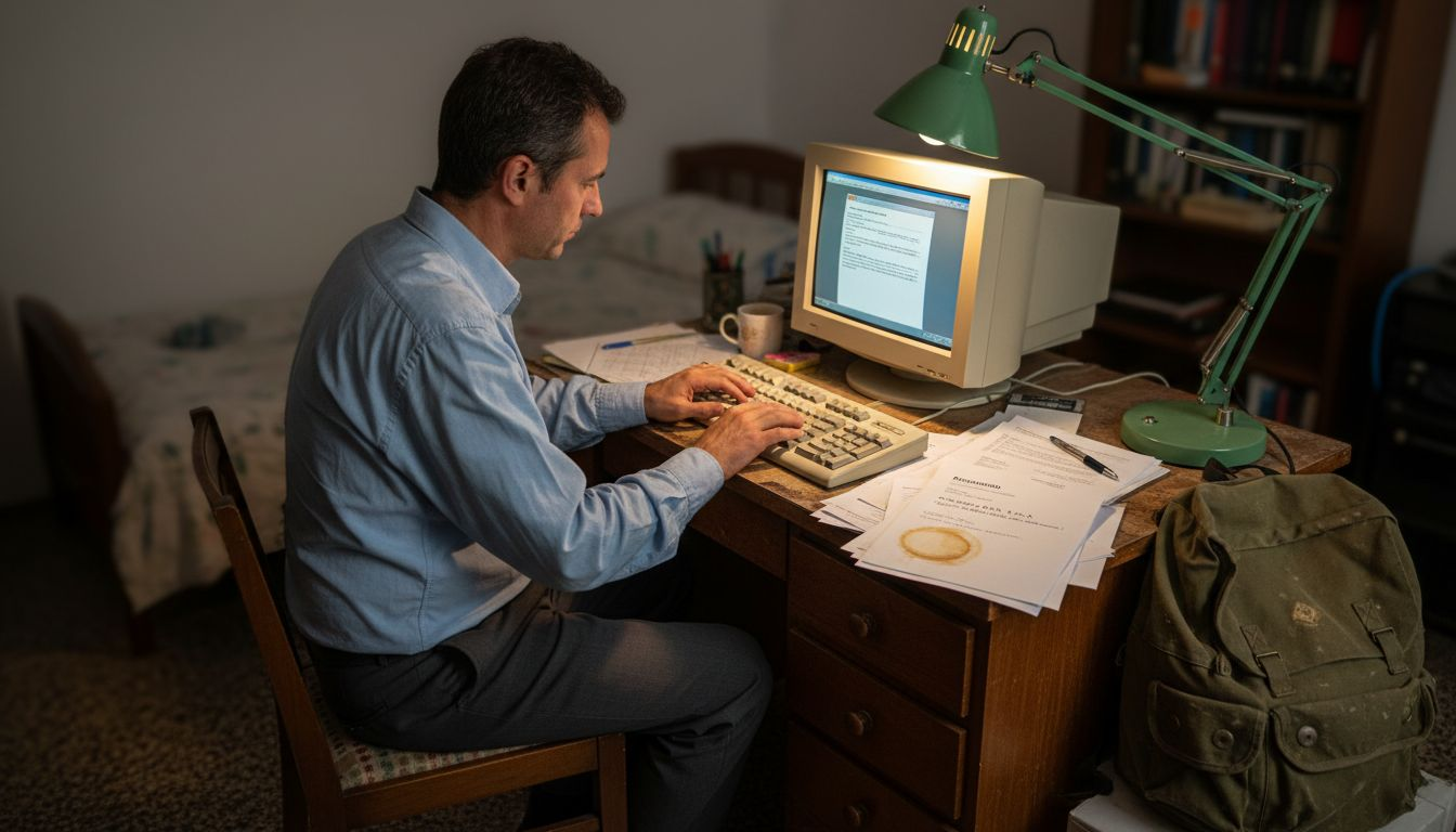 Un uomo di mezza età seduto alla scrivania della sua camera mentre compila una domanda di lavoro.