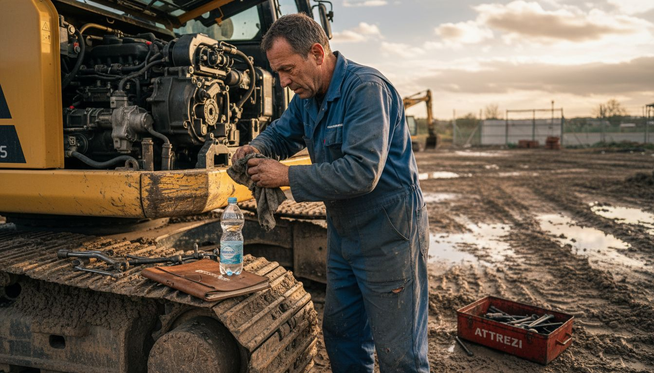 Un tecnico esegue un controllo su un escavatore in un cantiere fangoso.